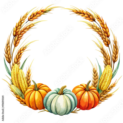 Watercolor fall wreath with ears of wheat, pumpkins and autumn leaves vector illustration (3)