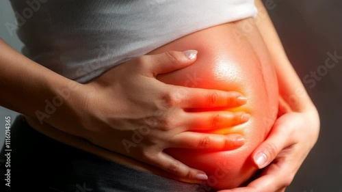 A woman hand holding a visibly bloated stomach with a red highlighted area indicating pain or discomfort.