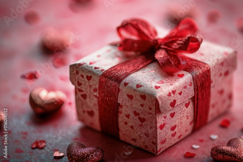 Present decorated with red ribbon surrounded by heart shaped decorations for ...