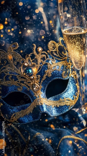Elegant blue glitter mask and champagne glass set against a sparkling festive...