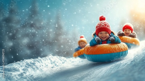 Children enjoying snow tubing on a winter afternoon in a snowy landscape