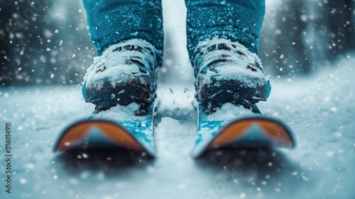 Skiing on a snowy trail with snowflakes falling in a serene winter landscape