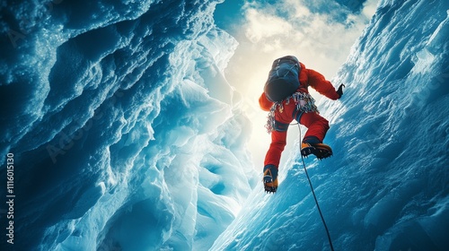 Climber ascends icy wall in icy mountain landscape during winter exploration