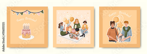 Set of Cheerful Birthday postcards with gift exchange, cake, picnic party, balloons, and presents. Hand-drawn Vector.