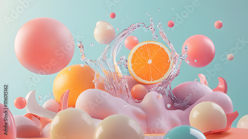 Floating, colorful, pastel-toned bubbles and a splash of water around an orange slice. photo