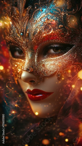 Gorgeous woman in intricate gold mask and dark attire with sparkling effects ...