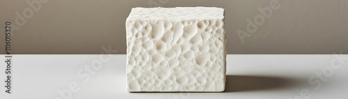 Plaster cube sculpture with textured sides, blending abstraction and tactility