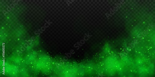 Fantastic smoke background. Magic smoke with glitter and small particles of twinkling stars, fog with glowing particles, green vapour with stardust. Vector illustration.	