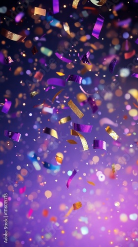 Colorful confetti falling in a celebratory atmosphere with purple background