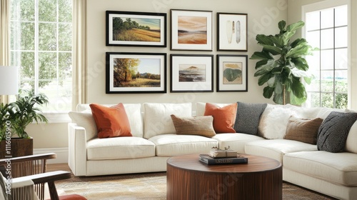 Modern living room with sectional sofa, artwork gallery wall, and coffee table.