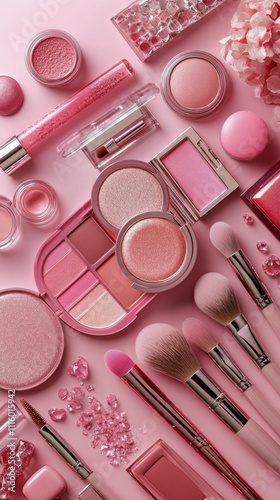 Collection of pink makeup items arranged neatly on a soft pink background for...