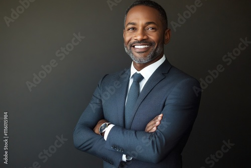 Professional man smiles confidently while standing with arms crossed
