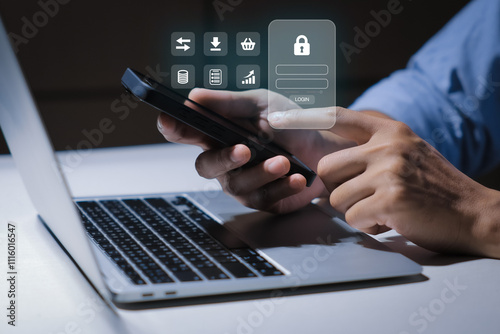 Login screen, Cybersecurity and privacy concepts to protect data. Lock icon and internet network security technology. Businessmen protecting personal data on laptops and virtual interfaces.