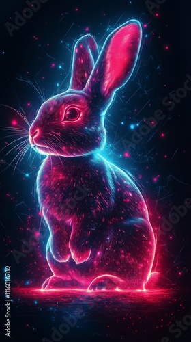 Neon rabbit illuminated with vibrant pink and blue colors against a dark back...