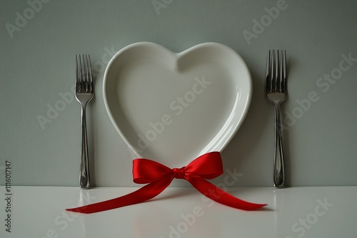 Heart shaped gift box on decorative plate with utensils for special occasion