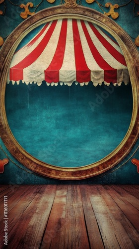 Colorful vintage carnival booth with a round mirror and striped canopy