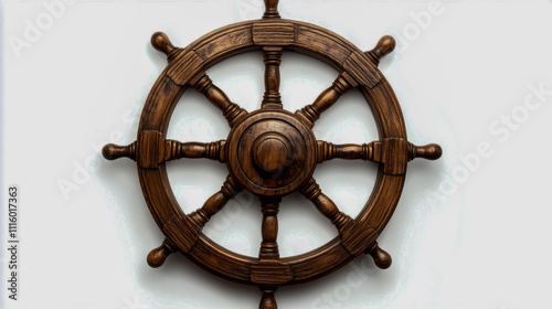 Wooden ship steering wheel isolated on a clean white background, nautical theme photo