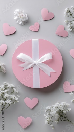 Beautiful pink gift box surrounded by heart shapes and flowers for special oc...