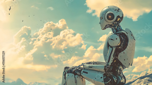 A white robot sits outdoors, on a mountaintop, with a cloudy sky and sunlight. photo