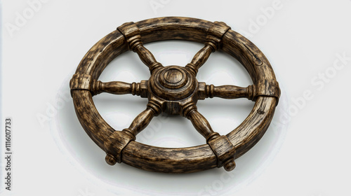 Wooden ship steering wheel isolated on a clean white background, nautical theme