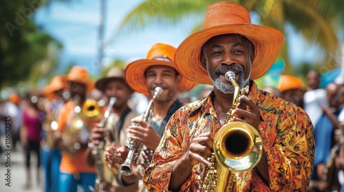 Colorful celebration with musicians and dancers at a vibrant festival during ...