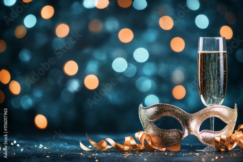 Sparkling drink and golden mask create festive atmosphere for celebration event