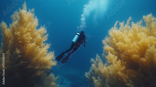 Divers explore underwater world under sunlit ocean surface
