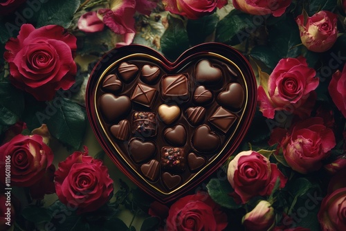Heart shaped box of chocolates surrounded by roses for a romantic celebration