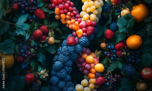 Colorful fruits and berries meticulously placed to form a double helix, symbolizing the DNA structure, representing the innovative field of nutrigenomics photo