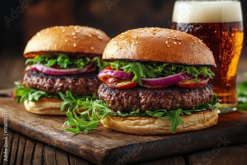 Savory burgers with crispy toppings and a glass of beer on a wooden table