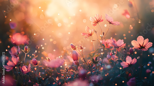 A field of soft pink flowers, bathed in warm sunlight with sparkling bokeh. photo