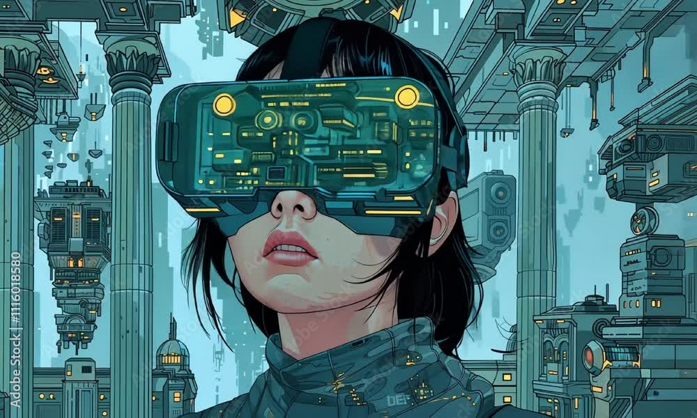 Japanese girl wearing cyberpunk virtual reality headset video animation ...