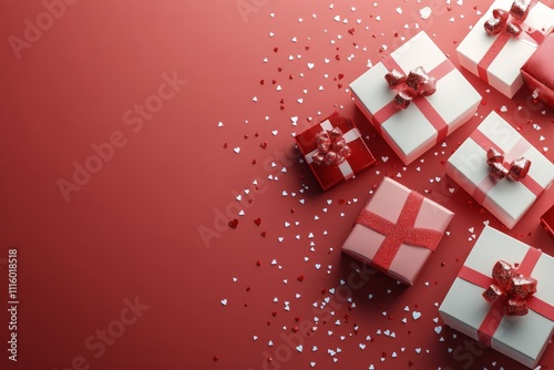 Festive white gift boxes with red ribbons and heart decorations on a vibrant ...