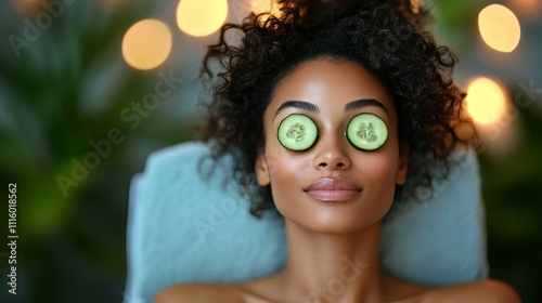 Woman enjoys relaxation with cucumber slices on her eyes at a spa setting in ...