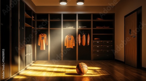 A dimly lit sports locker room featuring jerseys and a basketball on the floor.
