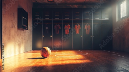 A dimly lit sports locker room with a basketball and jerseys hanging in the background.