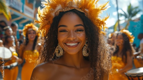 Colorful samba dancers celebrate in vibrant costumes during a street festival...