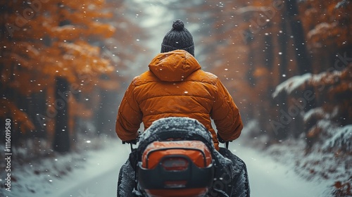 Snow covered path with a person in an orange jacket enjoying the winter scenery