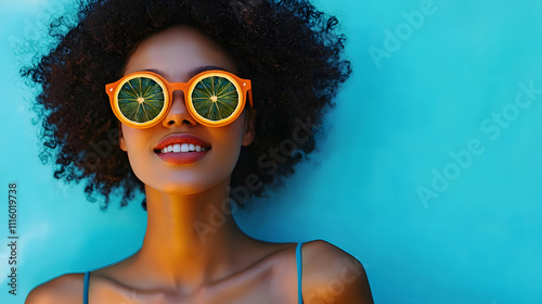 A woman with curly black hair is wearing orange sunglasses with orange slices. She's smiling and laying on a bright blue surface. photo