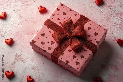 Gift box decorated with red ribbon and hearts on pink background for celebration