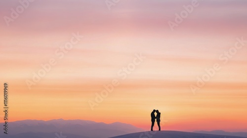 Romantic moment between couple with heart symbol in the background at sunset