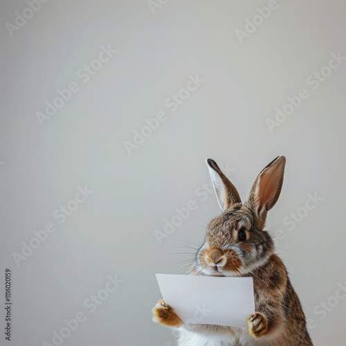 Bunny with contract in paws on white background. Hare signing important papers at desk. Business animal concept photo. Pet aids in business. photo