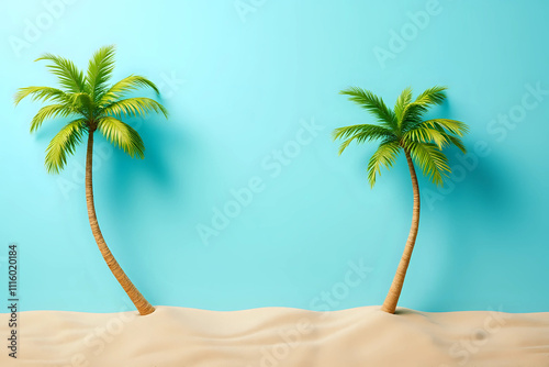 Trendy Summer composition made of Coconut trees with beach sand on blue background. Minimal summer concept.Creative art,Contemporary style.Banner background with writing space and copy space. photo