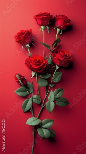 Beautiful arrangement of red roses on a vibrant red background with green leaves