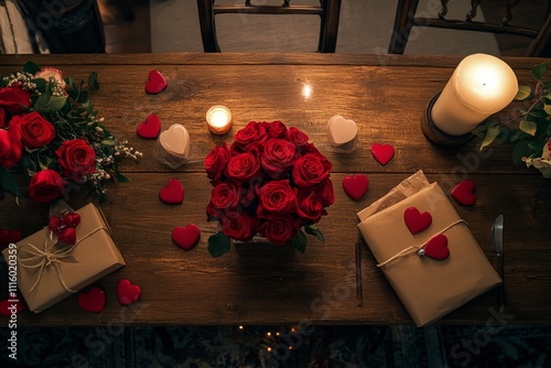 Romantic setting with gifts and roses for a special occasion celebration
