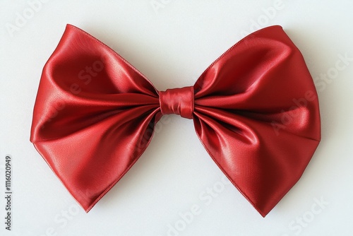 Red satin bow lying flat on a white background with smooth texture and elegan...