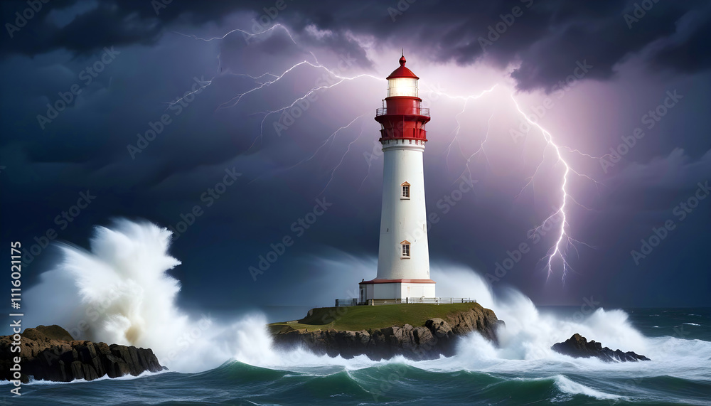Obraz premium Lighthouse Landscape Coastal Ocean Waves Night Scenery