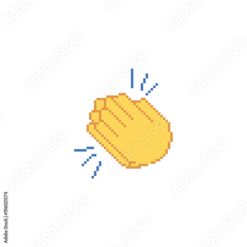 Pixel art clapping hands icon in yellow with motion lines. Retro-style applause gesture illustration in minimalist pixel design.