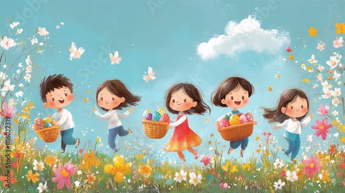 Children playfully gather colorful eggs in a vibrant flower field on a bright...