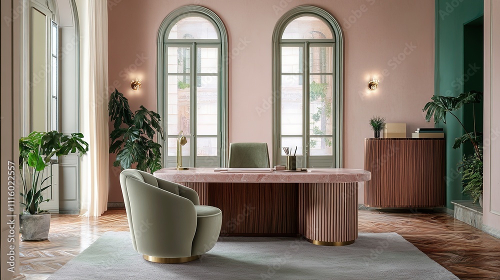 Fototapeta premium Modern minimalist design, home office, study, comfortable table and chairs, macaron color scheme
